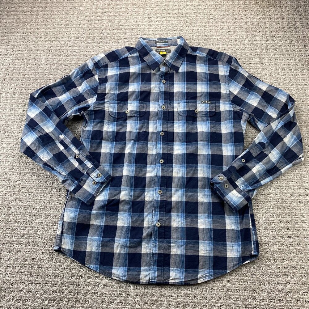 Eddie Bauer Plaid Shirt Men Medium M Blue Button Up Classic Fit Casual Polo